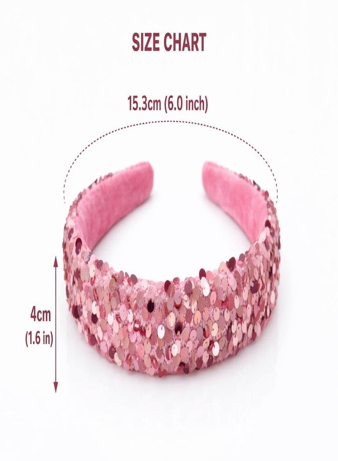 NNR Premium Sequin Padded Headband for Women - Velvet Base Sparkling Party Hairband, Stylish Wide Hair Accessory for Girls, Fashion Statement Hair Hoop for Wedding, Festive & Special Occasions (Pink) - Image 4