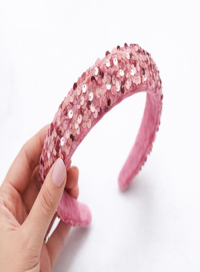 NNR Premium Sequin Padded Headband for Women - Velvet Base Sparkling Party Hairband, Stylish Wide Hair Accessory for Girls, Fashion Statement Hair Hoop for Wedding, Festive & Special Occasions (Pink) - Image 3