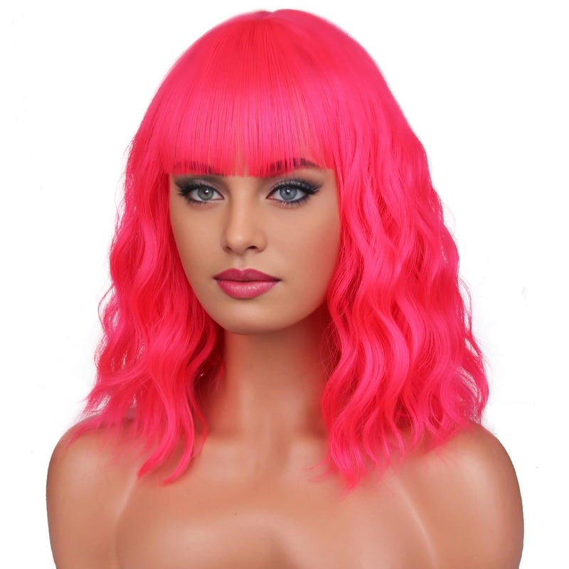 BERON 14 Inches Neon Pink Wig Short Curly Wig Pink Wig with Bangs Women Girls Charming Wig Hot Pink Wig Synthetic Wig with Wig Cap