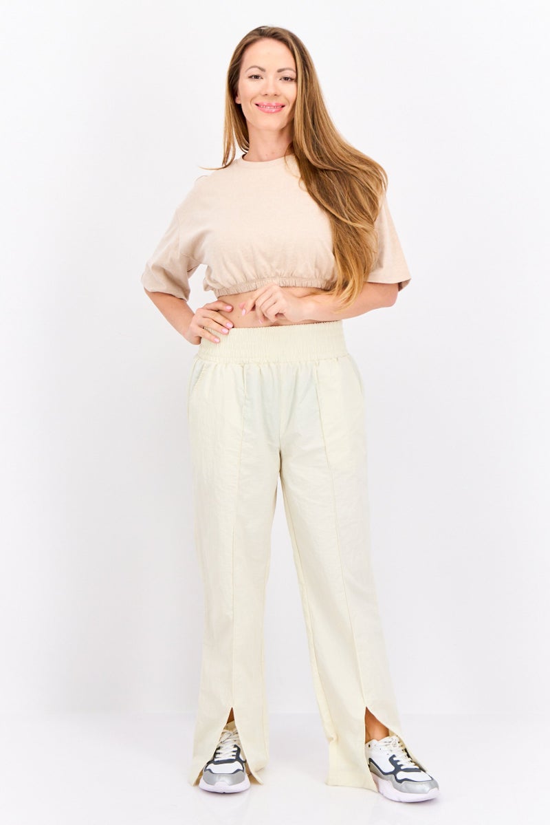 The Giving Movement Women Regular Fit Brand Logo Wide Leg Pants, Cream - Image 3