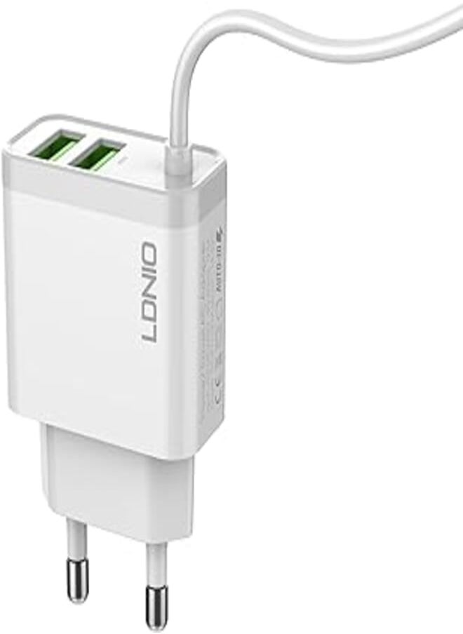 LDNIO - LDNIO A321 Fast Charger 15.5W With 2 USB Ports 3.1A With Lightning Cable 1M - White - Image 1