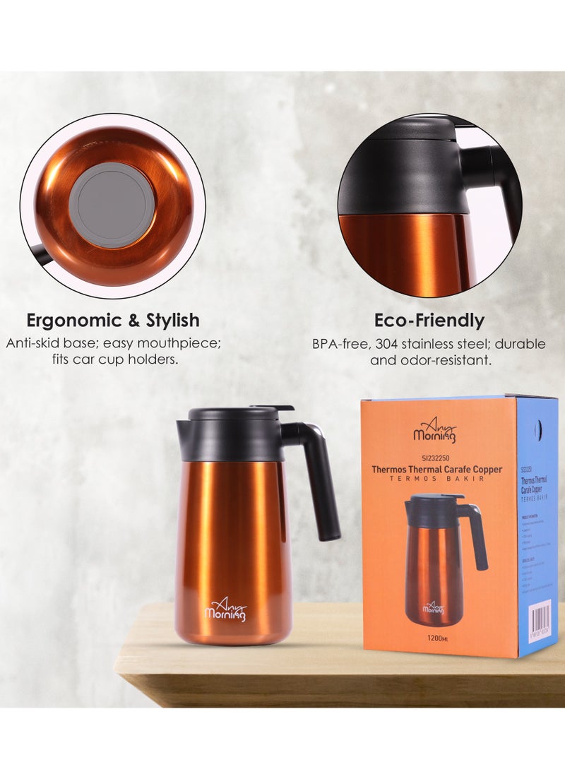 Any Morning Stainless Steel Thermos Flask 1.2L, Vacuum Thermal Carafe, Leakproof Insulated Coffee Carafe, Hot and Cold Beverage Dispenser Double Wall, 12 Hours Heat Retention, 40 oz, Copper Color - SI232250  - Image 5