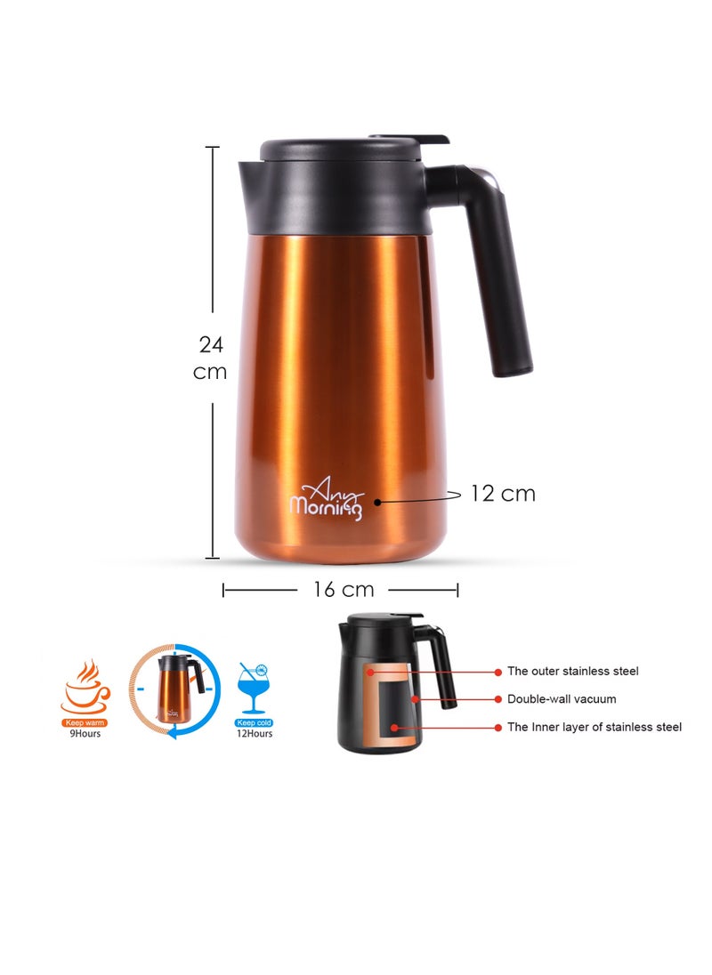 Any Morning Stainless Steel Thermos Flask 1.2L, Vacuum Thermal Carafe, Leakproof Insulated Coffee Carafe, Hot and Cold Beverage Dispenser Double Wall, 12 Hours Heat Retention, 40 oz, Copper Color - SI232250  - Image 3