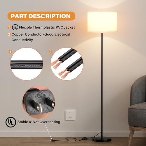 Ambimall Modern Floor Lamp Simple Design with White Shade, Foot Pedal Switch, 60" Small Tall Lamps for Living Room Bedroom Office Dining Room Kitchen, Black Pole Lamp(Without Bulb) - Image 5