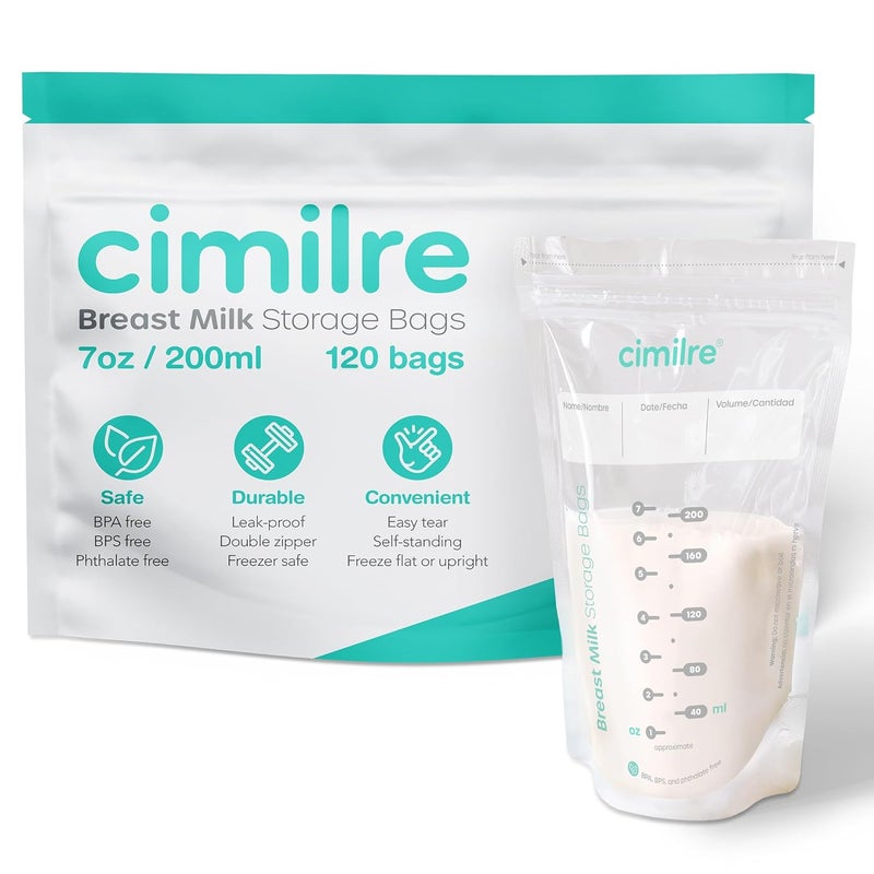 Cimilre Breast Milk Storage Bags by Cimilre LeakProof Breastmilk Storage Bags Freeze Flat or Standing 7 oz Bags 120 Pack - Image 1