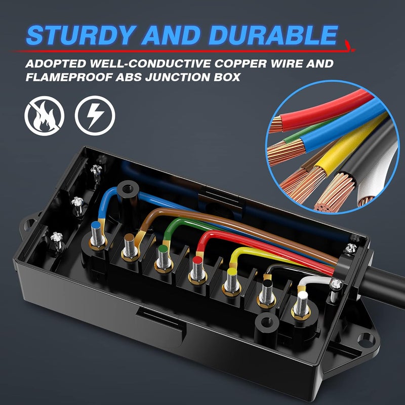 MICTUNING Heavy Duty 7 Way Plug Inline Trailer Cord with 7 Gang Junction Box 12 Feet, Weatherproof - Image 3