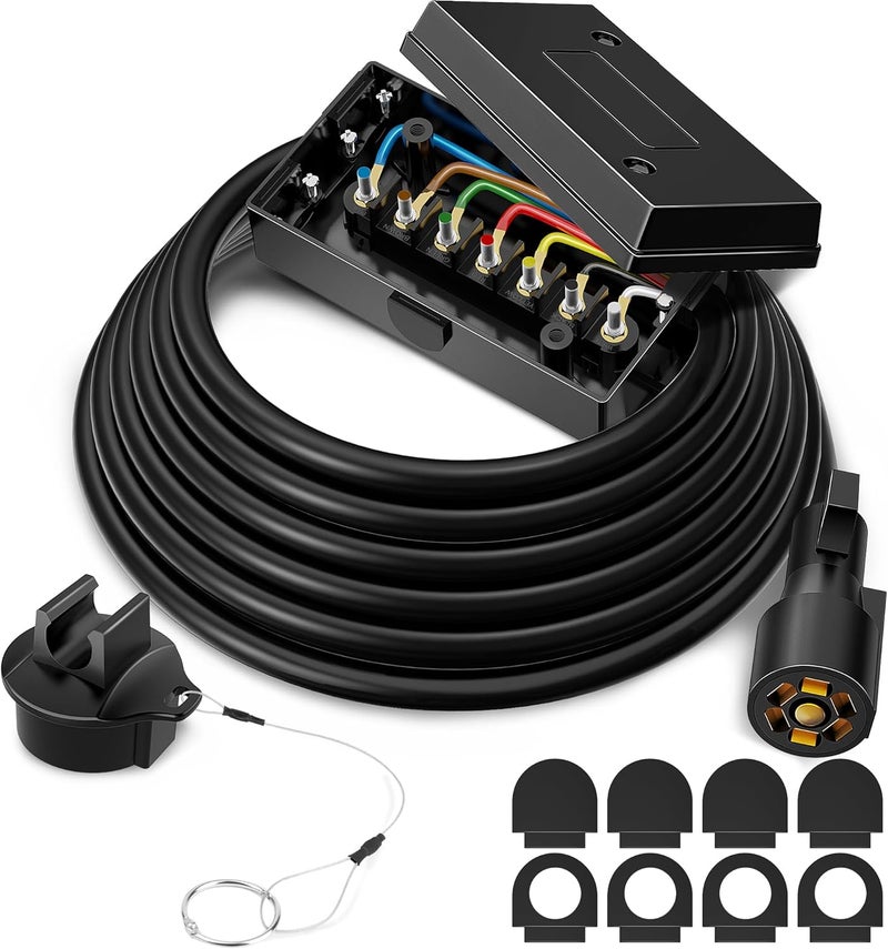 MICTUNING Heavy Duty 7 Way Plug Inline Trailer Cord with 7 Gang Junction Box 12 Feet, Weatherproof - Image 1