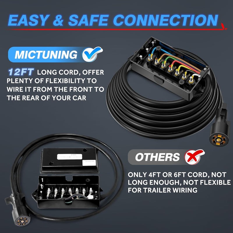 MICTUNING Heavy Duty 7 Way Plug Inline Trailer Cord with 7 Gang Junction Box 12 Feet, Weatherproof - Image 4