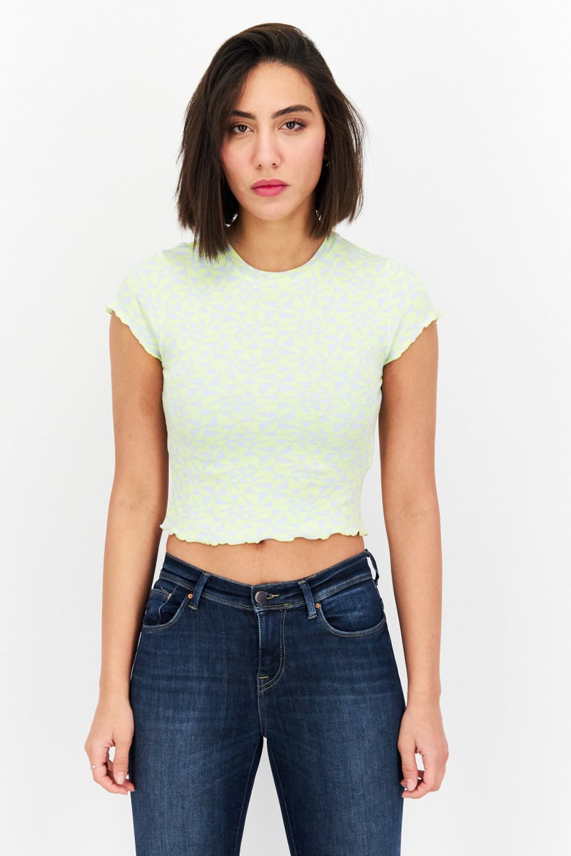 rvca Women Crew Neck Short Sleeve Allover Print Top, Lime Green - Image 1