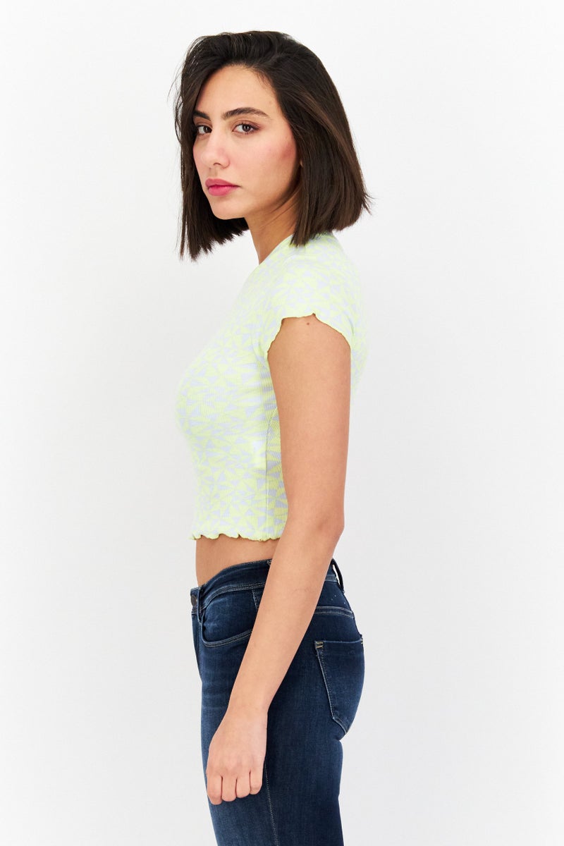 rvca Women Crew Neck Short Sleeve Allover Print Top, Lime Green - Image 2