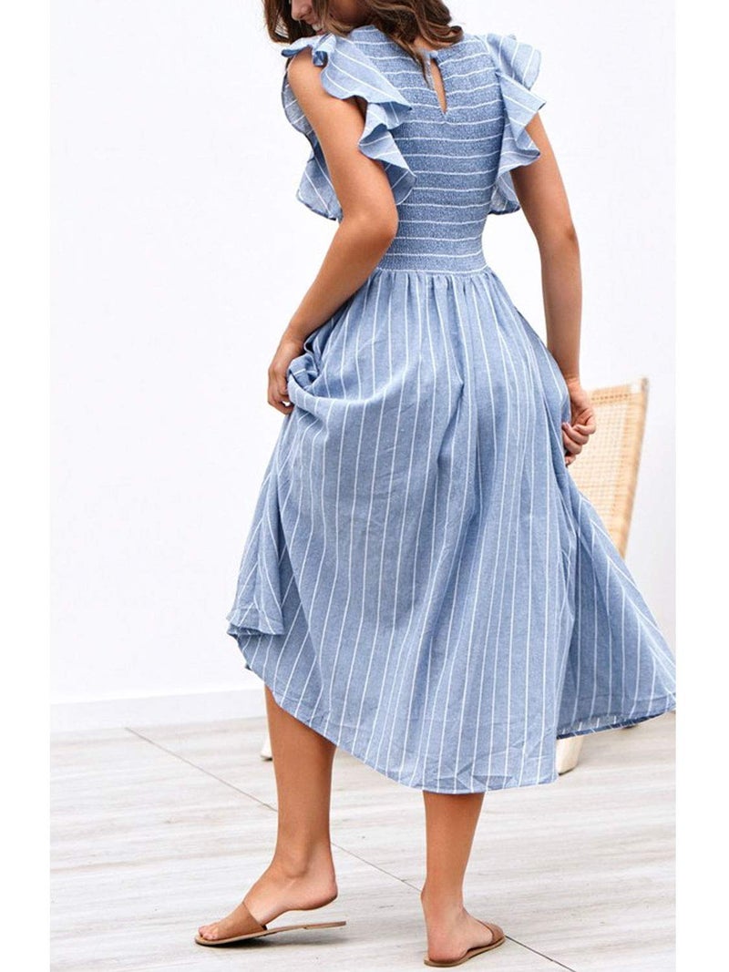 Miessial Womens Summer Dress 2025 Casual Short Sleeve Striped Linen Midi Dresses Boho Beach Wedding Guest Dress with Pockets Blue,XS - Image 3