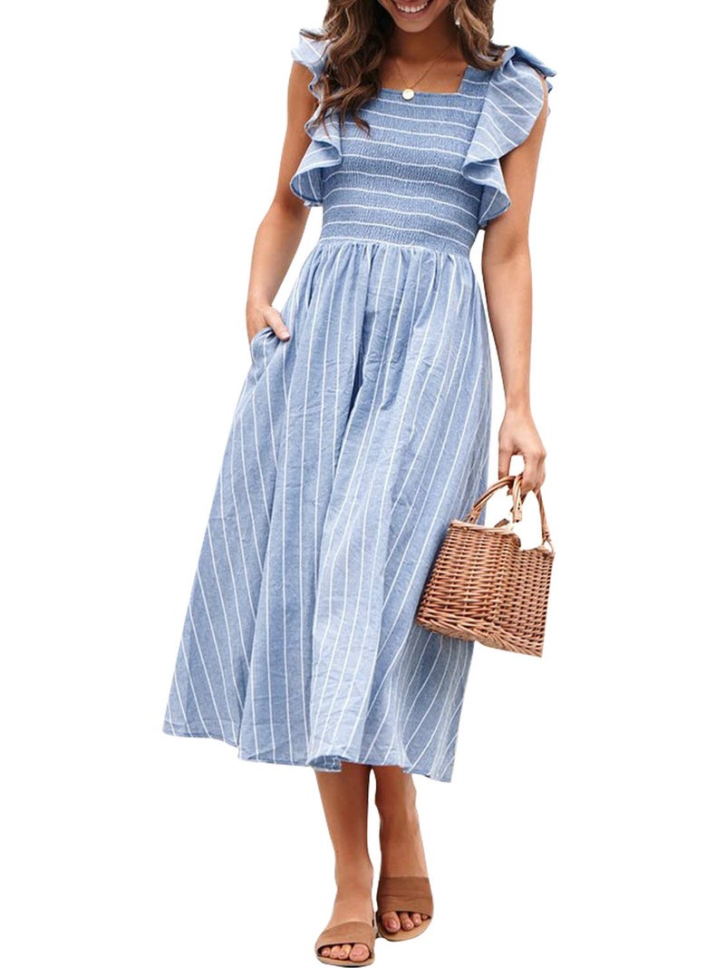 Miessial Womens Summer Dress 2025 Casual Short Sleeve Striped Linen Midi Dresses Boho Beach Wedding Guest Dress with Pockets Blue,XS - Image 1
