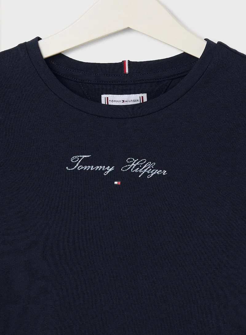 تومي هيلفيغر Kids Crew Neck Script Logo Slim Fit T-Shirt