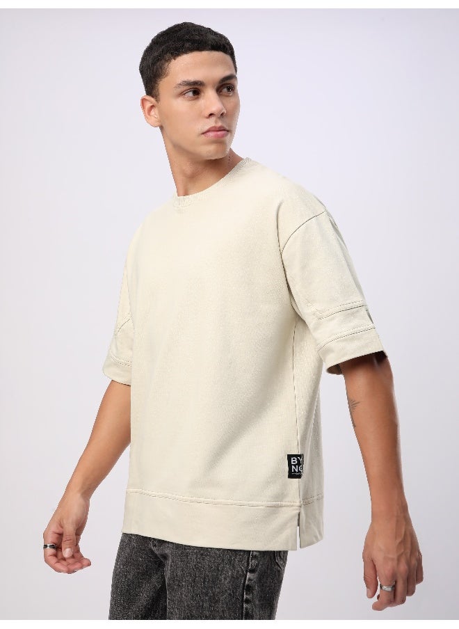 Beyoung Cream Cut And Sew Panel Oversized T-Shirt  - Image 1