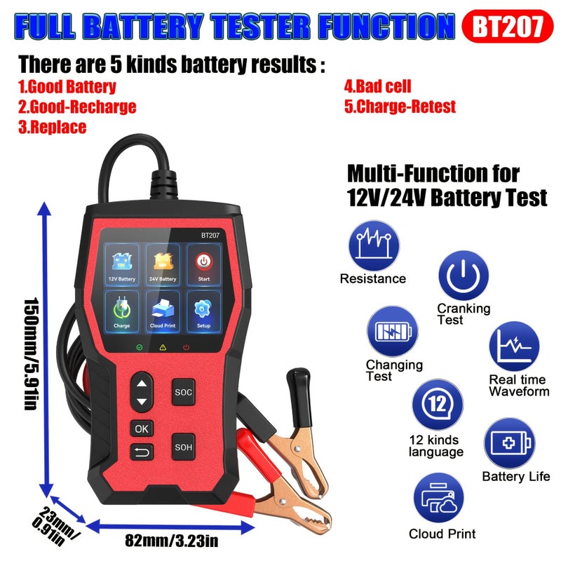 اختبار بطارية BT207 12V 24V مع خاصية SOC SOH والطباعة السحابية وشاشة TFT بحجم 2.8 بوصة للسيارات والشاحنات والمركبات الترفيهية والدراجات النارية والقوارب - Image 2
