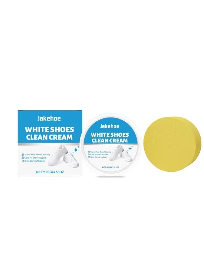 Jakehoe White Shoes Cleaning Cream, Water-Free Sneaker Cleaner with Sponge, Stain Remover & Yellowing Restorer for White & Light-Colored Shoes, 100g - Image 1