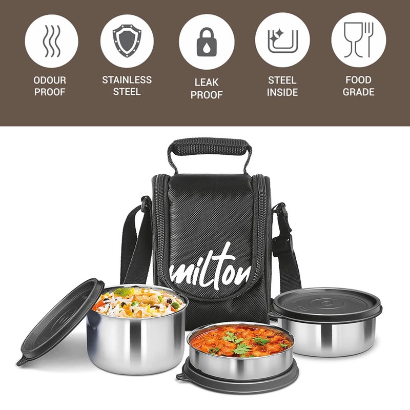Milton MILTON Tasty 4 Lunch Box with Insulated Fabric Jacket, 4 Stainless Steel Containers (200 ml, 320 ml, 500 ml), Leak-Proof Tiffin for Office, College, Picnic, Black  - Image 3