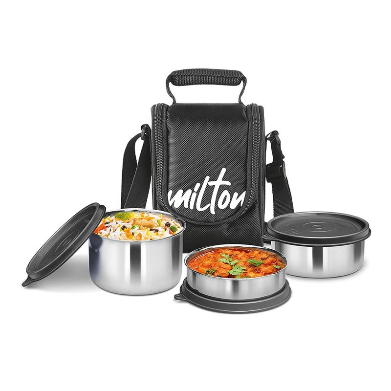 Milton MILTON Tasty 4 Lunch Box with Insulated Fabric Jacket, 4 Stainless Steel Containers (200 ml, 320 ml, 500 ml), Leak-Proof Tiffin for Office, College, Picnic, Black  - Image 1