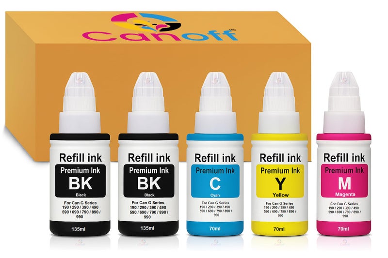 CANOFF Gi 490 Multicolor Refill Ink 790 Use for Canon PIXMA G1000, G1010, G1100, G2000, G2002, G2010, G2012, G2100, G3000, G3010, G3012, G3100 Printers Ink |2Black+Tri Color Combo Pack - Image 1