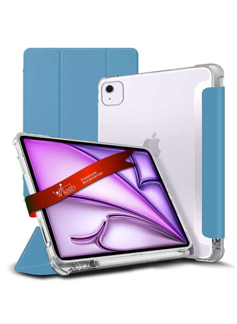 Wtech Apple iPad Air 11 5G 2024 (iPad Air 6th Generation M2) 11 inch / Apple iPad Air 11‑inch (M3) 2025 Premium Smart Flip Auto Awake/Auto Sleep Leather Texture and Transparent Back Silicone with Pen Holder and Lens Shield Protector Case Cover - Clear/Sky Blue - Image 1