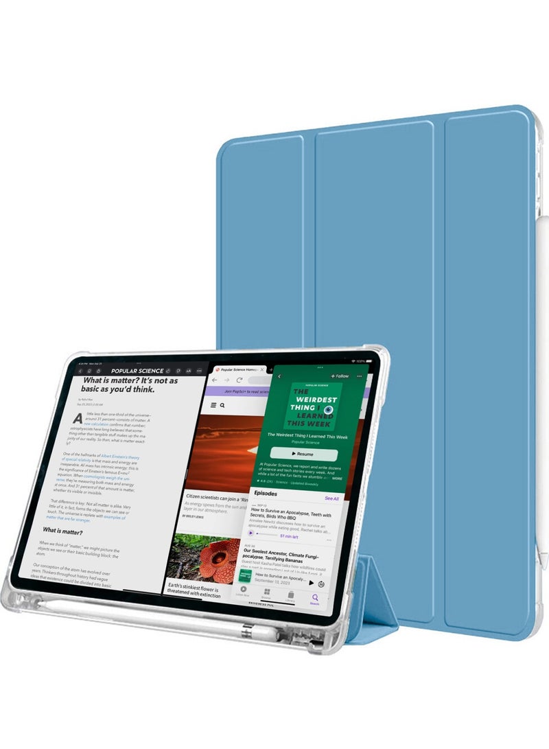 Wtech Apple iPad Air 11 5G 2024 (iPad Air 6th Generation M2) 11 inch / Apple iPad Air 11‑inch (M3) 2025 Premium Smart Flip Auto Awake/Auto Sleep Leather Texture and Transparent Back Silicone with Pen Holder and Lens Shield Protector Case Cover - Clear/Sky Blue - Image 3