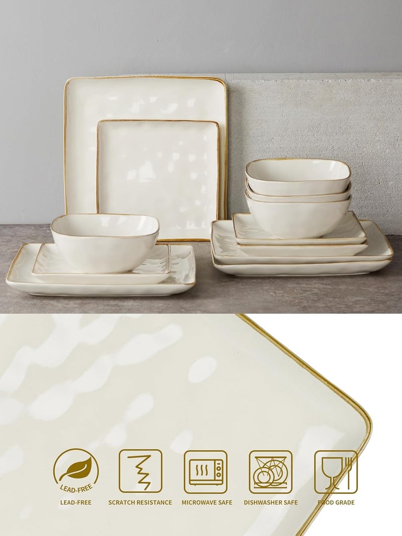 Famiware Dinnerware Sets for 4 Ocean Square 12Piece Kitchen Plates and Bowls Sets Microwave and Dishwasher Safe Scratch Resistant Vanilla White - Image 2