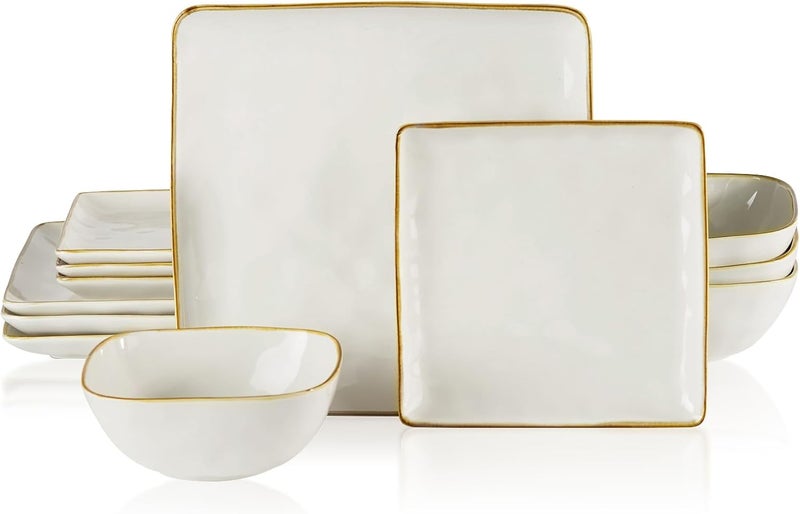 Famiware Dinnerware Sets for 4 Ocean Square 12Piece Kitchen Plates and Bowls Sets Microwave and Dishwasher Safe Scratch Resistant Vanilla White - Image 1