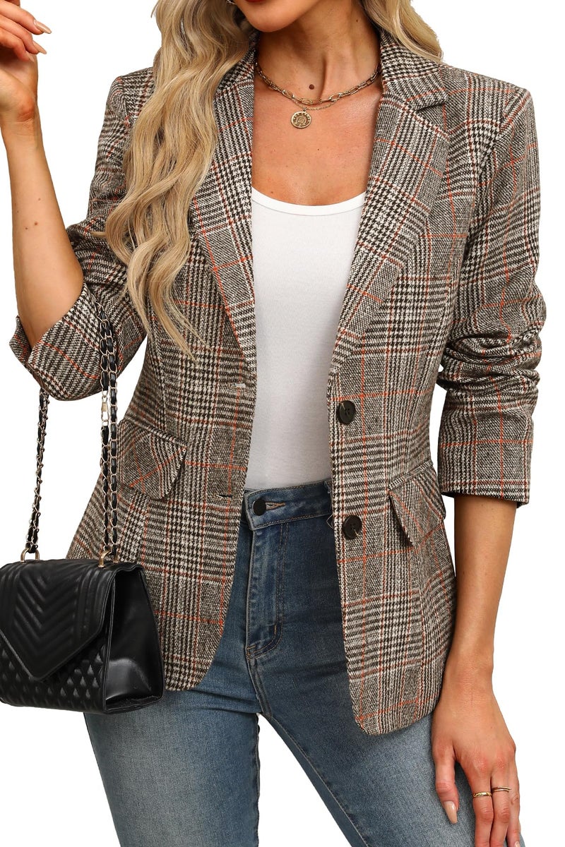ELLEVEN Womens Casual Plaid Blazer Lapel Collar Double Button Long Sleeve Boyfriend Blazer Suit Houndstooth Plaid Blazer Jacket Business Work Office Blazer Suits Brown Plaid X-Small - Image 1