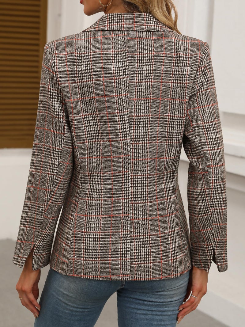 ELLEVEN Womens Casual Plaid Blazer Lapel Collar Double Button Long Sleeve Boyfriend Blazer Suit Houndstooth Plaid Blazer Jacket Business Work Office Blazer Suits Brown Plaid X-Small - Image 3