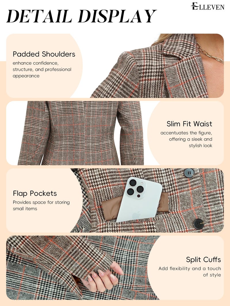 ELLEVEN Womens Casual Plaid Blazer Lapel Collar Double Button Long Sleeve Boyfriend Blazer Suit Houndstooth Plaid Blazer Jacket Business Work Office Blazer Suits Brown Plaid X-Small - Image 5