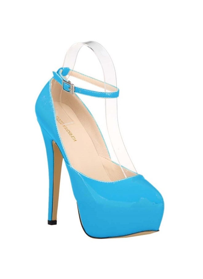 Loquat Candy-colored patent leather one-strap waterproof platform high heels 14cm Blue  - Image 1