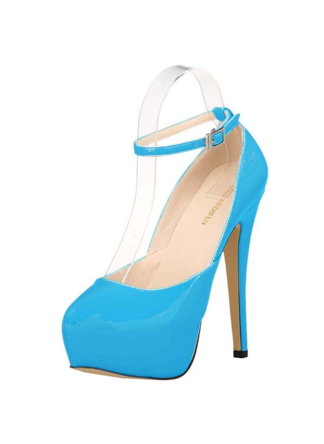 Loquat Candy-colored patent leather one-strap waterproof platform high heels 14cm Blue  - Image 2