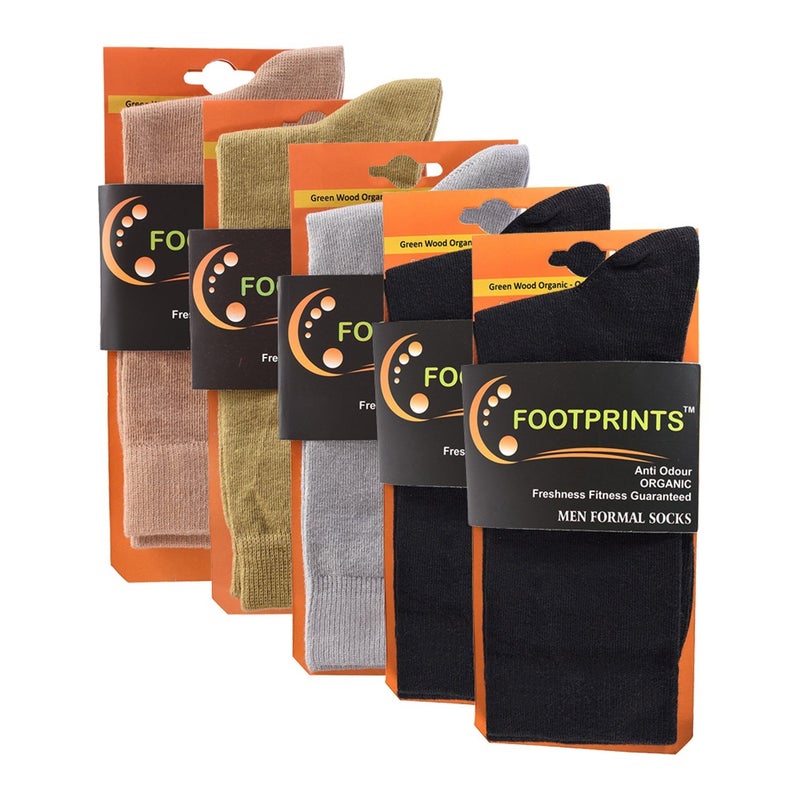 FOOTPRINTS Odour Free Organic Cotton & Bamboo Men's Formal Socks | 2 Black, 1 Grey, 1 Beige & 1 Khaki | Pack of 5 - Image 5