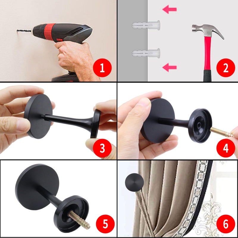 Shonmogar Curtain Tiebacks 2 Pack Curtain Holdbacks Zinc Alloy Curtain Tiebacks Wall Mounted with Screws, Decorative Curtain Holders for Drapes Stylish Black Curtain Tieback Hooks for Home Office - Image 5