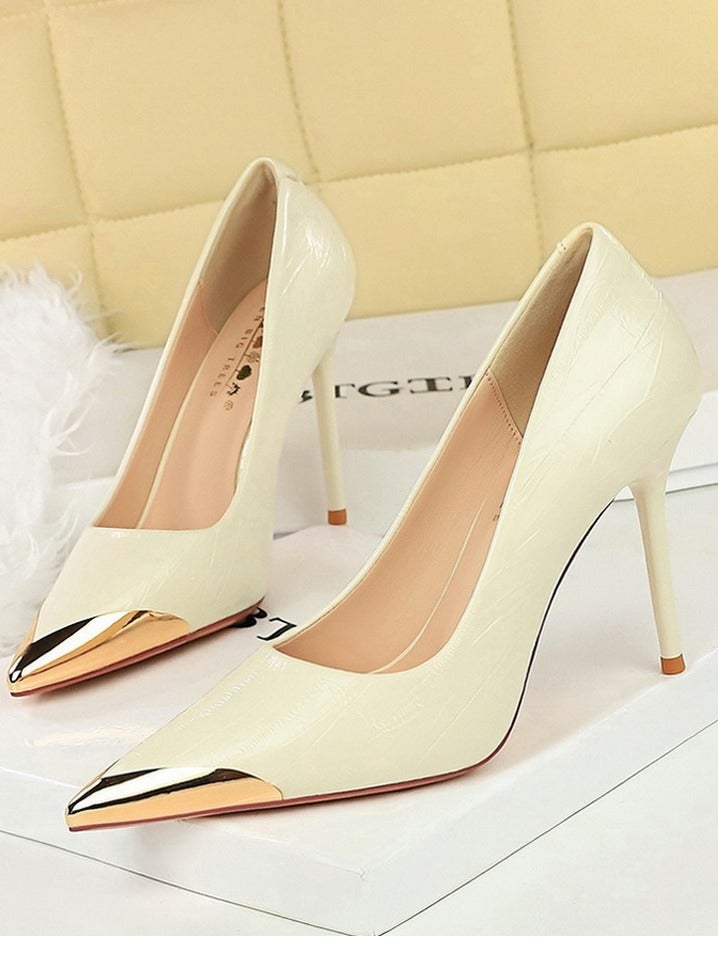 بيج تري المرأة أنيقة معدنية مغلقة أشارت إصبع القدم الكعب العالي كريم أبيض 9.5CM - Image 1