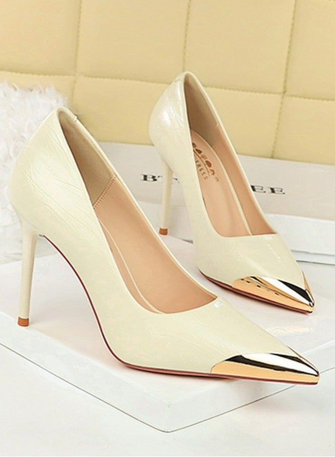 بيج تري المرأة أنيقة معدنية مغلقة أشارت إصبع القدم الكعب العالي كريم أبيض 9.5CM - Image 2