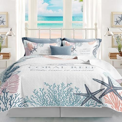 weesire Coastal Bedding Queen Size with 2 Shams Nautical Beach Comforter Sets Ocean Bedspreads Coastal Coverlet Summer Bedding 90x96 - Image 3