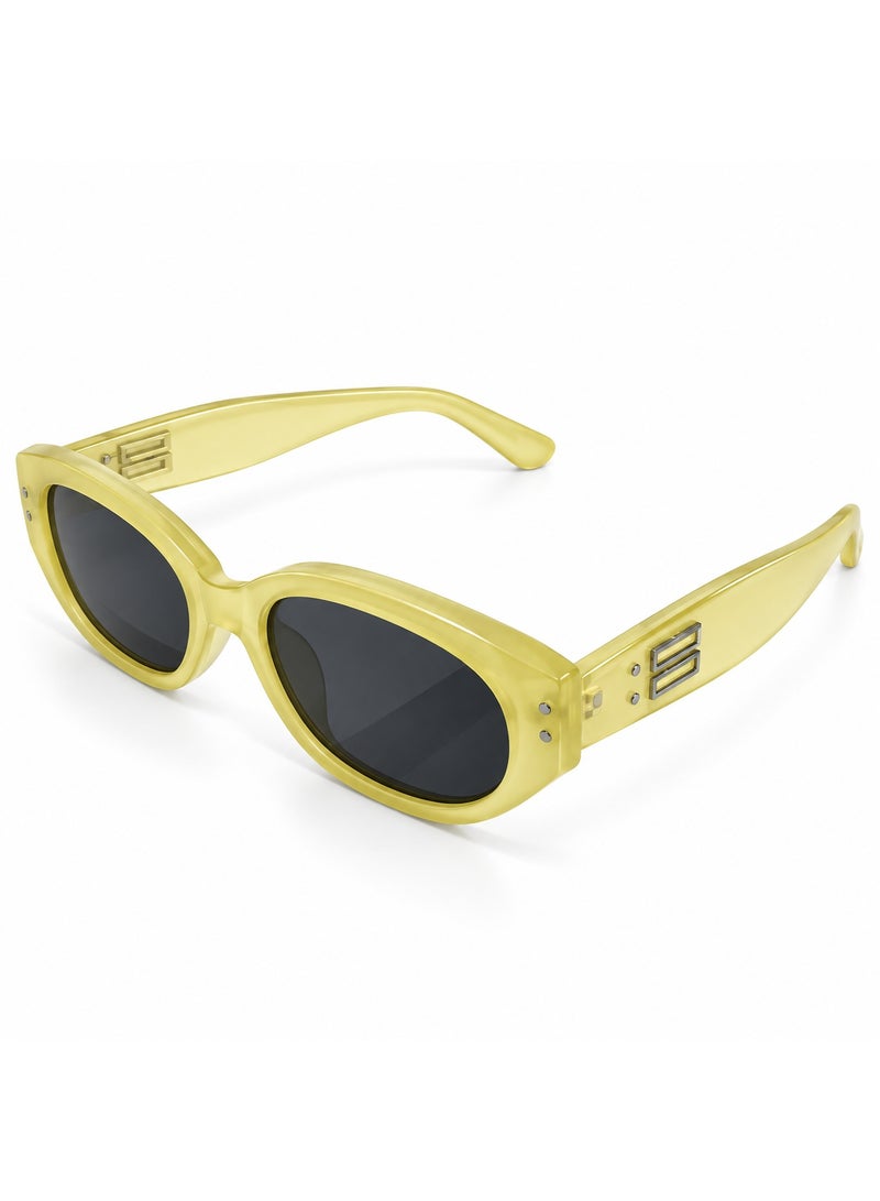 Oval Translucent Yellow Dark Smoke-Tinted Sunglasses with Geometric Accents - Image 1