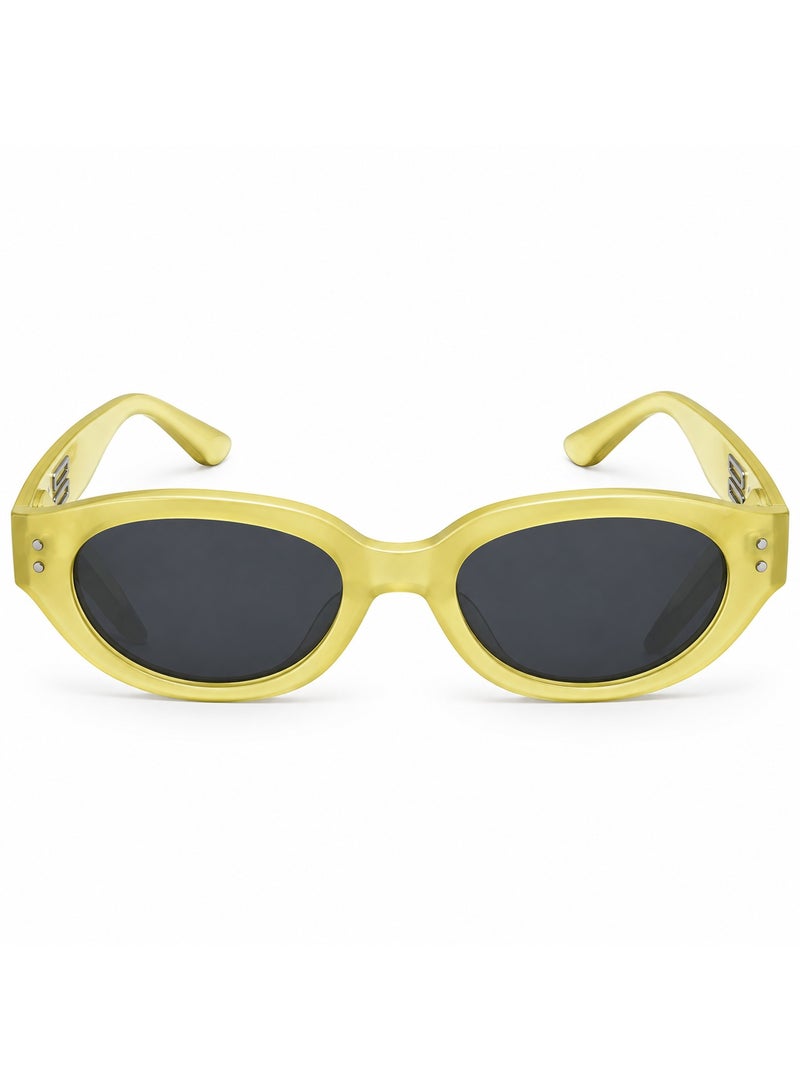 Oval Translucent Yellow Dark Smoke-Tinted Sunglasses with Geometric Accents - Image 2