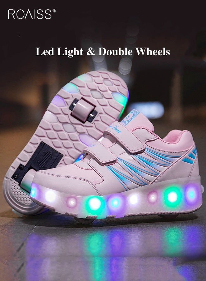 roaiss Kids Double Wheel Roller Skates Shoes, LED Light up Adjustable Sneakers with Velcro, Cool Shiny Roller Skates, Luminous Comfortable Shoes with Detachable Roll Wheels, Ideal Gift for Kids Pink - Image 1