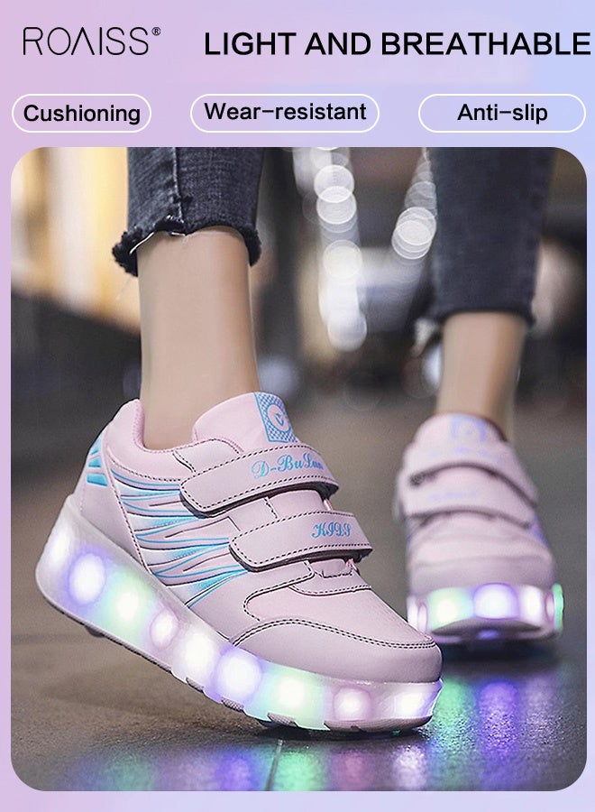 roaiss Kids Double Wheel Roller Skates Shoes, LED Light up Adjustable Sneakers with Velcro, Cool Shiny Roller Skates, Luminous Comfortable Shoes with Detachable Roll Wheels, Ideal Gift for Kids Pink - Image 4