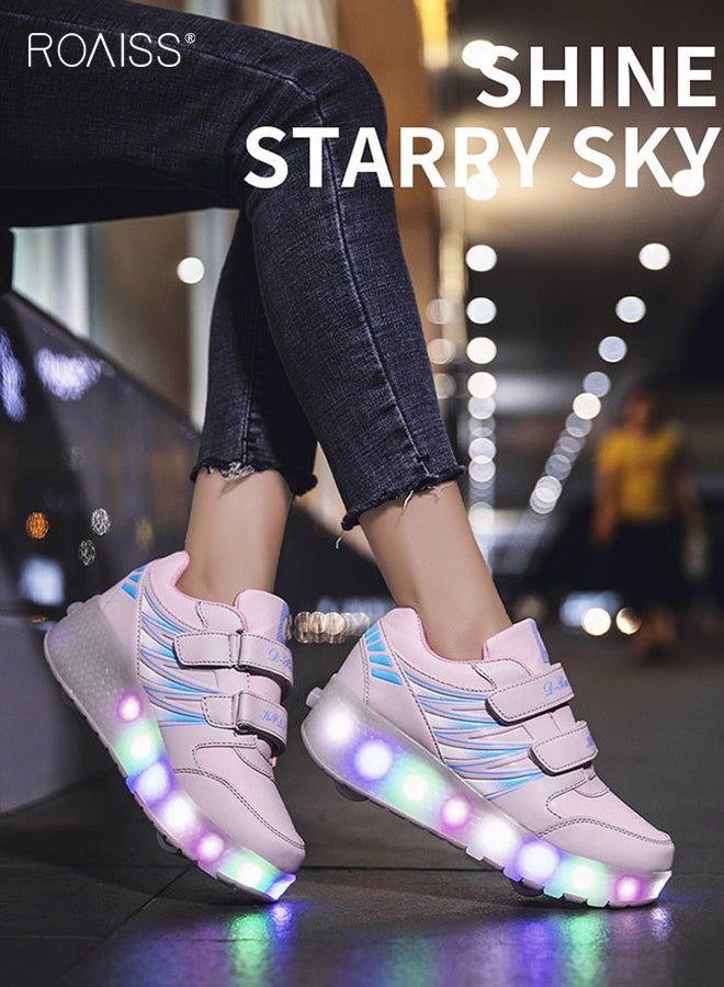 roaiss Kids Double Wheel Roller Skates Shoes, LED Light up Adjustable Sneakers with Velcro, Cool Shiny Roller Skates, Luminous Comfortable Shoes with Detachable Roll Wheels, Ideal Gift for Kids Pink - Image 2