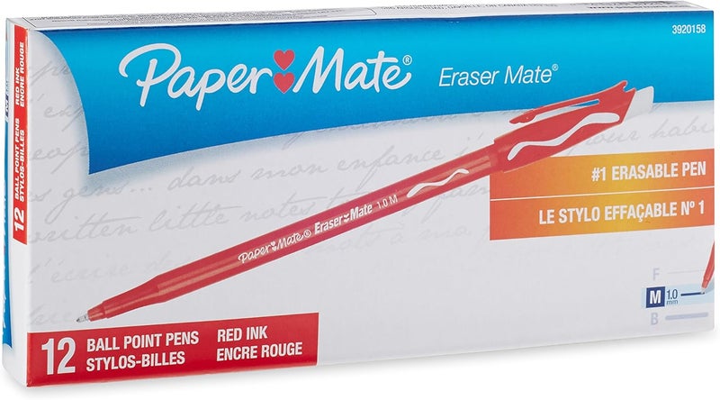 Papermate EraserMate Erasable Pen Medium Point Red Box of 12 - Image 1