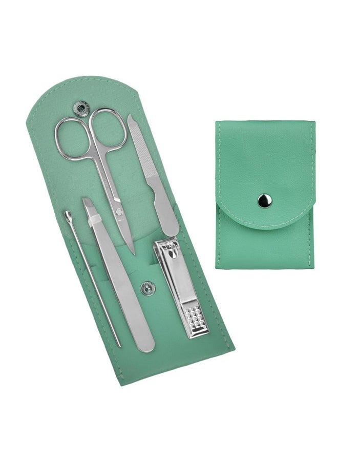 HANTEKAS - Travel Manicure Set Professional Nail Clipper Kit-5 Pieces Stainless Steel Manicure Kit, Women Men Grooming Kit With Nail Care Tools Beauty Scissors Tweezers (Silver Green) - Image 1