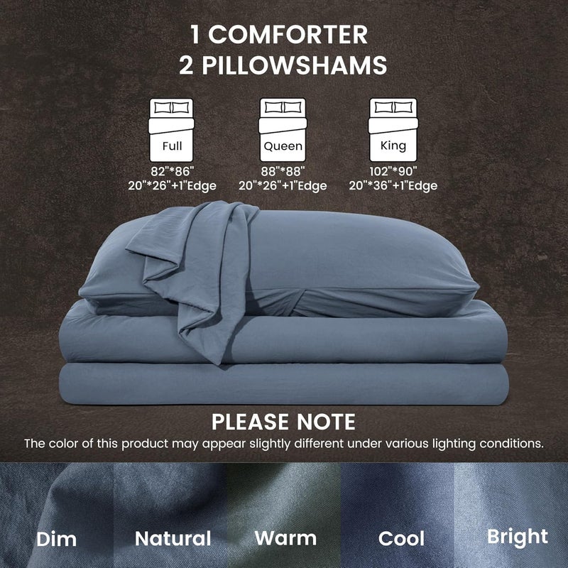 SLEEP ZONE مجموعة لحافات سعة كينج سايز من سلسلة ، مع وسادة داخلية ذات نسيج طبيعي متجعد، ملمس قطني-كتاني، خفيفة الوزن وناعمة وقابلة للتنفس، تتضمن لحافًا واحدًا وغطاءين للوسائد (لون أزرق حجر الفلينت). - Image 5