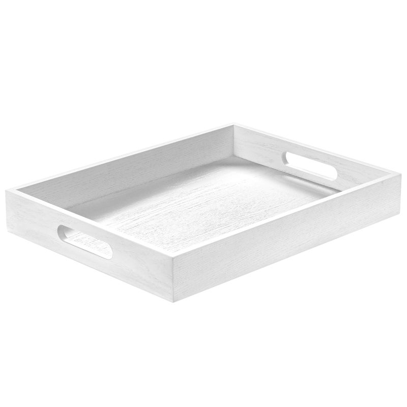 ATZYmolin Wood Serving Tray with Handles Home Decorative Wooden Rectangle Ottoman Decor Platter Vanity Tray for Breakfast Dinner Drinks Kitchen Dining Living Bathroom Restaurants White