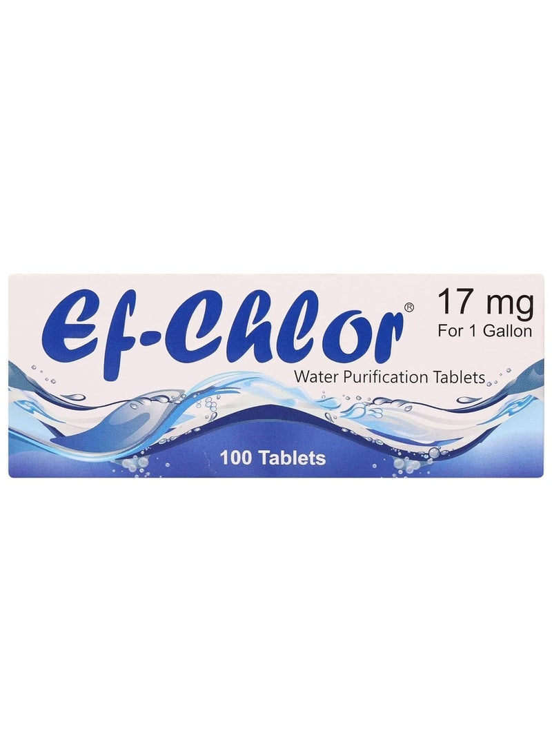 اي اف أقراص تنقية المياه Ef-Chlor 17 ملغ - عبوة من 100 قرص، قرص واحد ينقي 3-4 لترات، معالجة آمنة وموثوقة، بدون لون أو طعم غير مرغوب فيه، تعقيم وتطهير وتنقية - Image 1