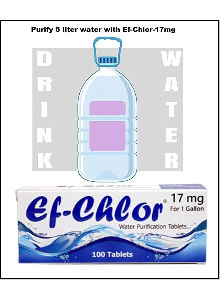 اي اف أقراص تنقية المياه Ef-Chlor 17 ملغ - عبوة من 100 قرص، قرص واحد ينقي 3-4 لترات، معالجة آمنة وموثوقة، بدون لون أو طعم غير مرغوب فيه، تعقيم وتطهير وتنقية - Image 2