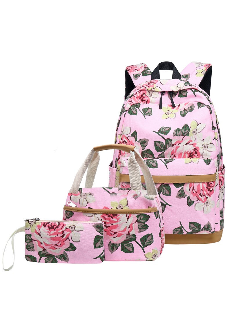 Loquat - Printed Schoolbag Fashionable Three-Piece Backpack For Girls Pink - Image 1