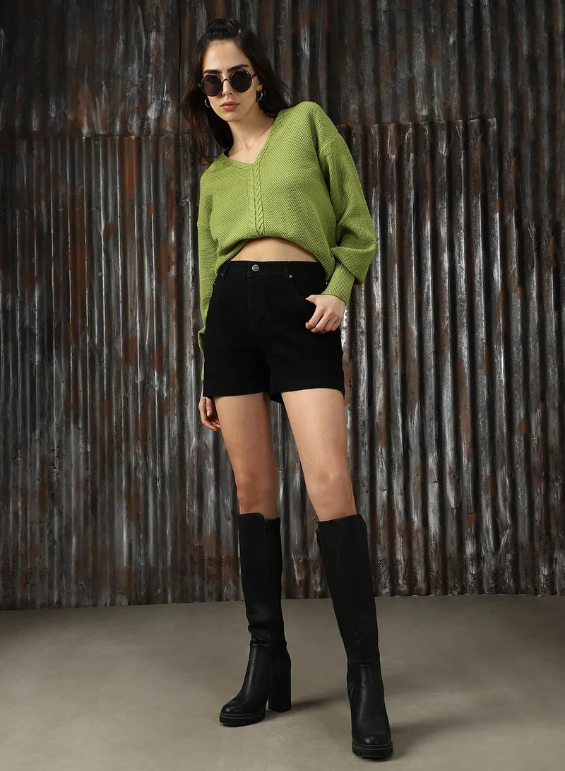 Women's Black 100% Cotton Solid Cropped Shorts